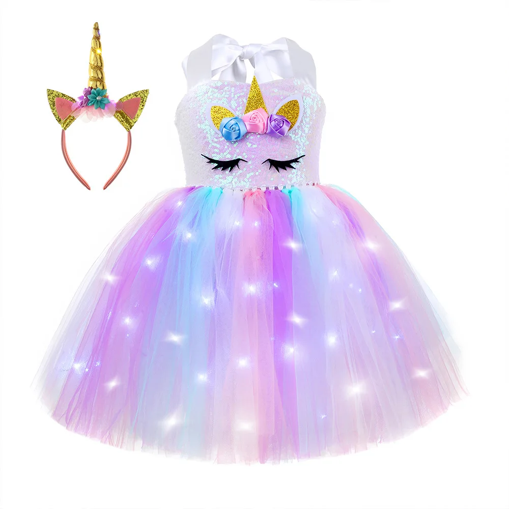 Girls Birthday Party Light up Unicorn Tutu Dresses Princess Dress Outfit  Halloween Christmas Unicorn Costume for Kids Clothes