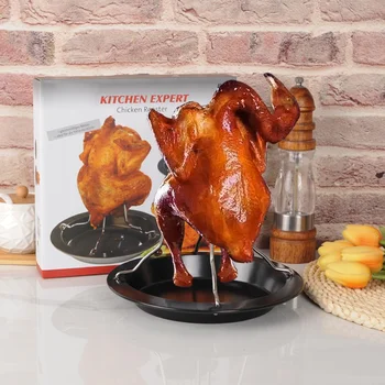 BBQ Oven Accessories Chicken Grill Rack Non stick Roasting Pan With Rack Beer Can Chicken Roaster Stand