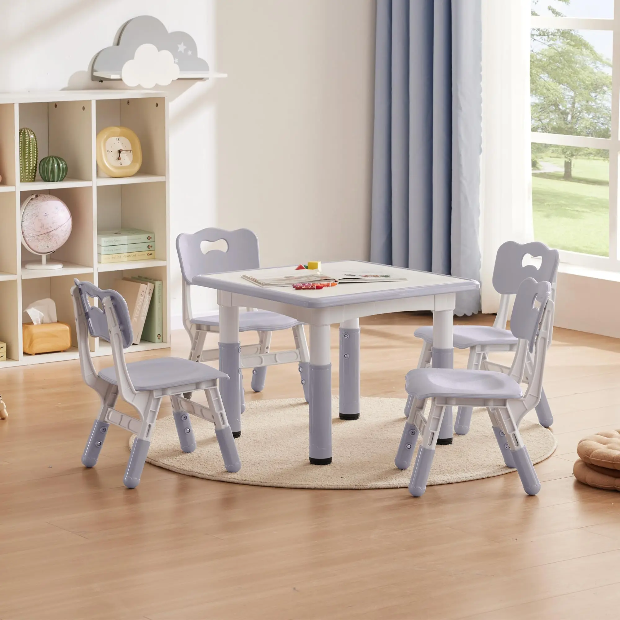 60*60cm Wood Plastic Table and Chair Set,Kids Daycare Furniture Graffiti Study Desk Adjustable Height 1 Table and 4 Chairs
