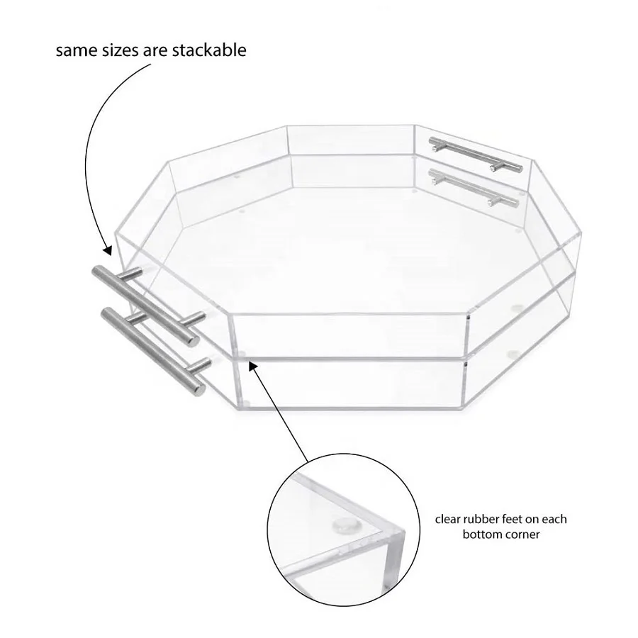 Modern Octagon Acrylic Serving Tray with Silver Handles Eco-Friendly Paper Material Engraved Logo for Home Food Serving