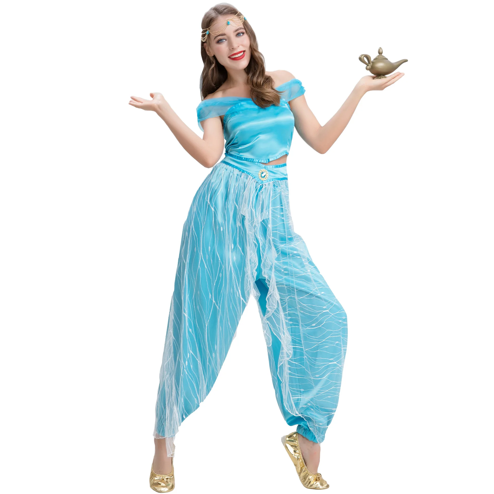 Hot Sale Aladdin and the Magic Lamp Jasmine Cosplay Costume Blue Dress  Halloween Adult Woman