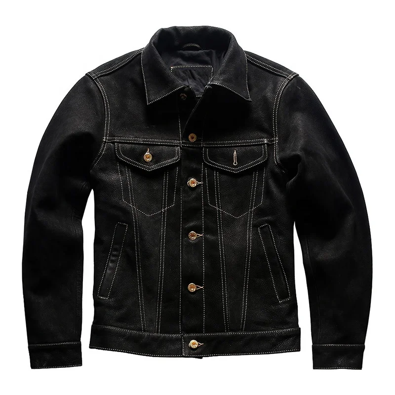 Men's Leather Jacket Turn-down Collar Cowhide Casual Coat_voghion.com