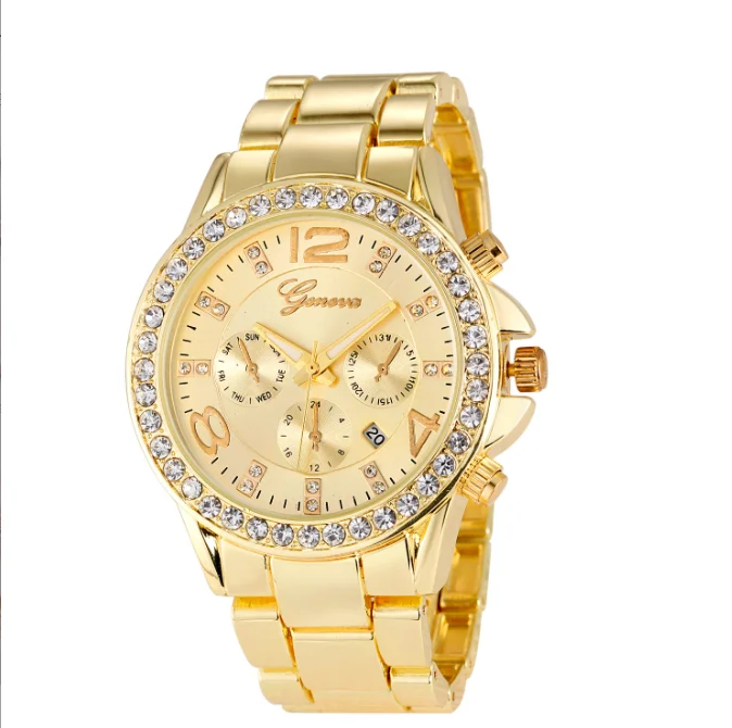 Plated Wrist Watch Gold Men's Geneva Wholesale Diamond Quartz Glass Women  Latest Alloy Round Watch Hand Girls Fashion Buckle