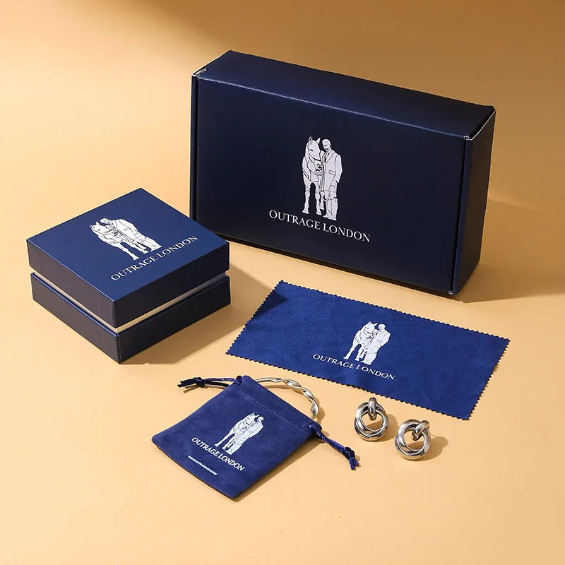 Wholesale Luxurious Blue Lid Base Jewelry Box Set Embossed Printing Drawstring Bag Protective Bubble Bag Polishing Cloth Custom supplier