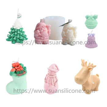 3D Christmas Tree Pine Cone Santa Elk Scented Candle Mold Christmas Reindeer Bell Stocking Snowman Silicone Mold For Candles