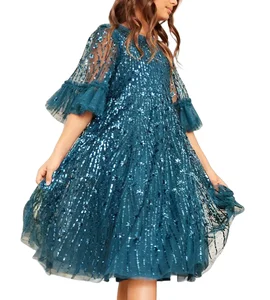 Girls Knee Length O-Neck Sequin Evening Dress Kids Fluffy Tulle Layered Half Sleeve Party Gown