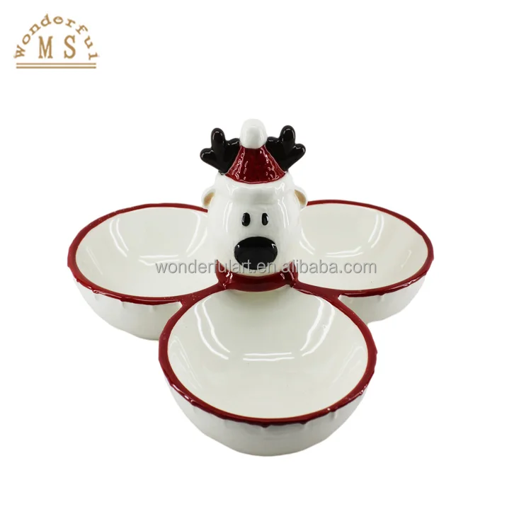 Oem 3d Style tray Kitchenware Ceramic porcelain deer triple Seasoning dish sauce Bowls Tableware for Christmas Holiday