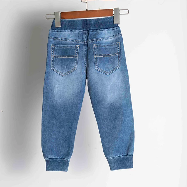 Wholesale Broken Holes Design Stretch Drawstring Middle Waist Pockets Rib Leg Opening Kids Boys Jeans