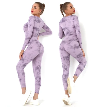 Factory OEM/ODM Design Long Sleeve Fitness Apparel for Women, Plus Size Tie Dye Printed Work Out Top + Yoga Leggings Gym Outfits