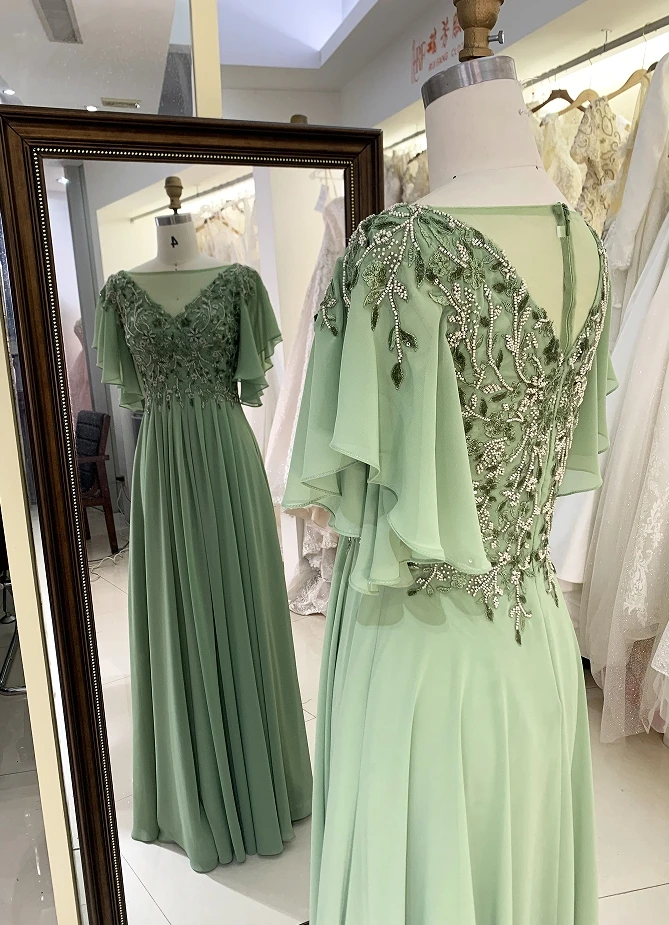 Sage Green Chiffon Ruffled Mermaid Ruched Mother of the Bride Dress with Sleeve main image 1