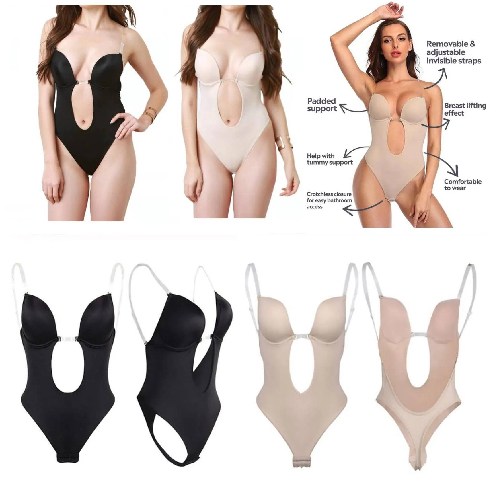 Invisible Built In Bra Bodysuit Backless Shapewear U Plunge Shape Seamless Tummy Control Thong 2851