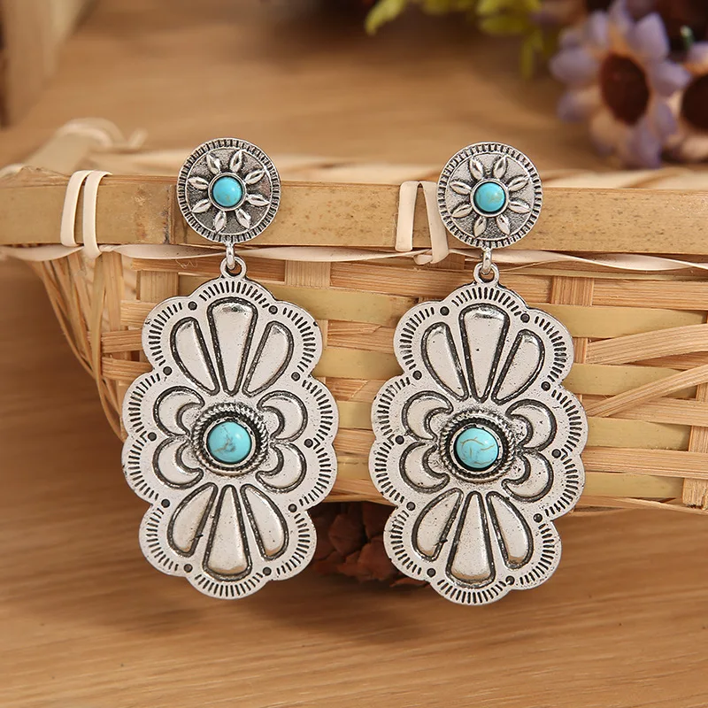 New Popular Latest Retro Creative Unique Cute Alloy Geometric Turquoise Earrings