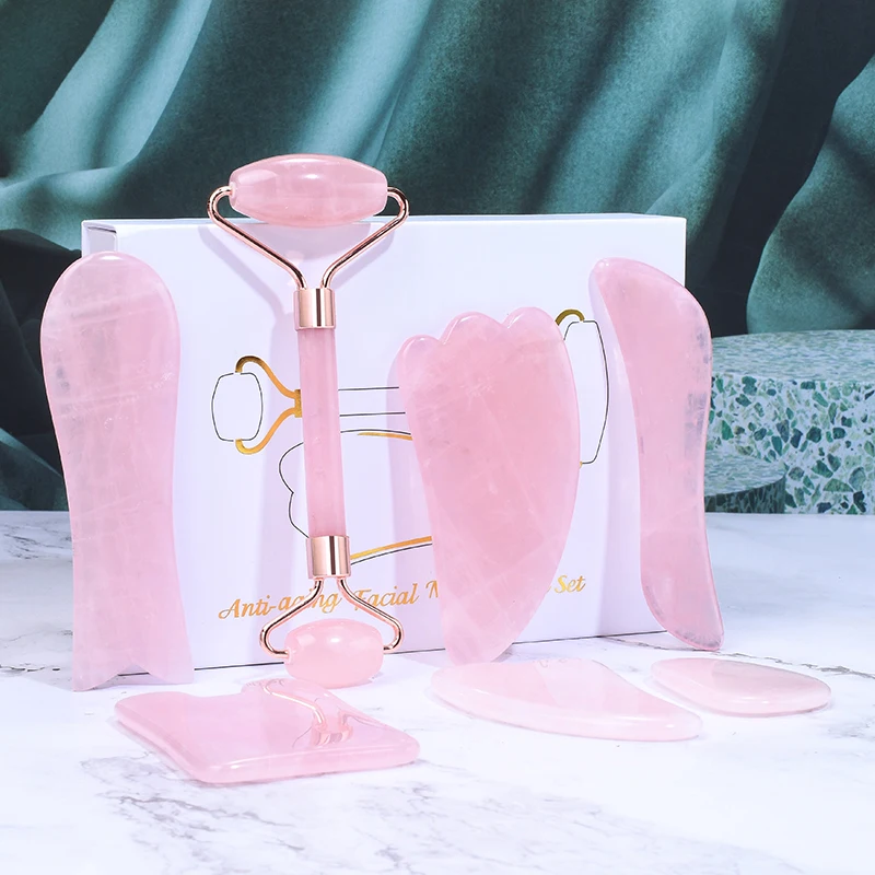 Rodillo Facial de piedra de cristal Rosa Natural y herramienta de