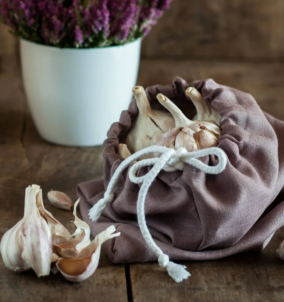 Lavender handmade natural linen produce bread drawstring bag