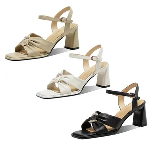 Moncheer OEM Women's Square Toe Rhinestones Open Toe Block Heel Summer Ankle Strap Heeled Sandals