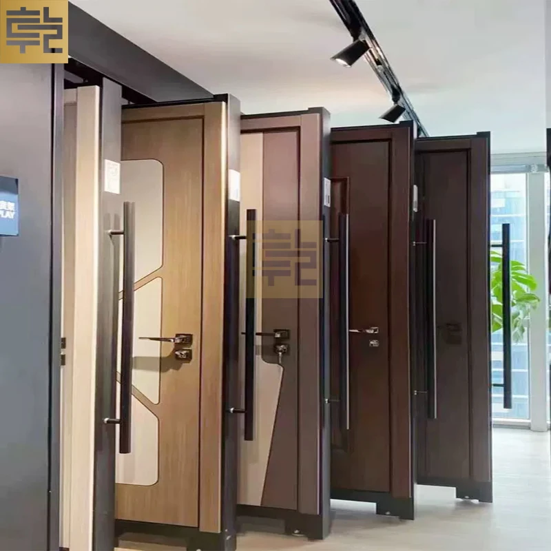 High Quality Multi-Function Stylish Floor Model Sliding Metal Wooden Door Display Rack Stand for Showcase Shop Store Exhibition