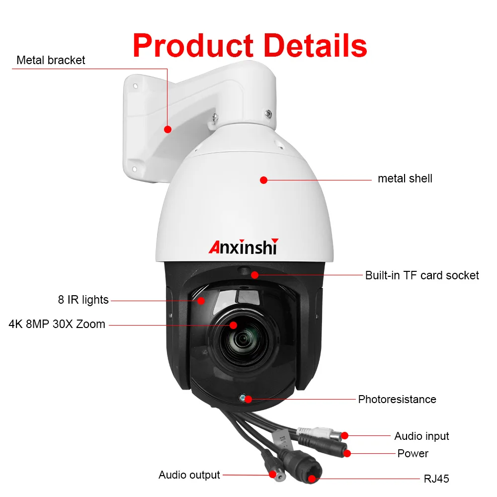 CCTV Security 4K 30X Zoom IR 300M Night Vision P2P SD Slot POE Audio  HD IP PTZ CCTV Camera