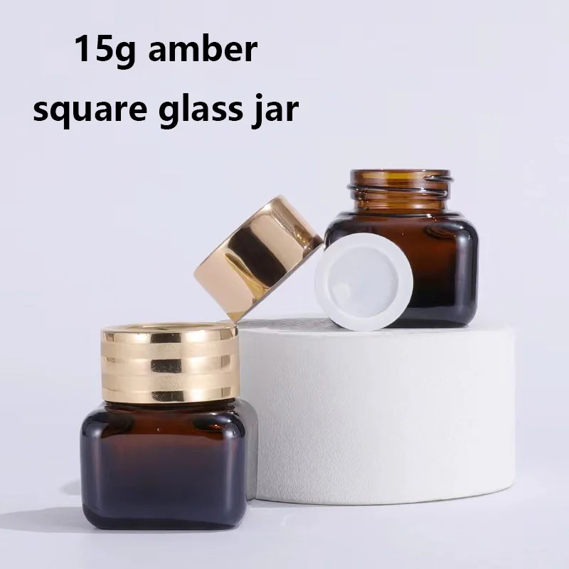 High-End 15g  Glass Square Jars Aluminum Lid  Cosmetic Amber Jar Packaging Container Body Face Eye Cream Paint factory