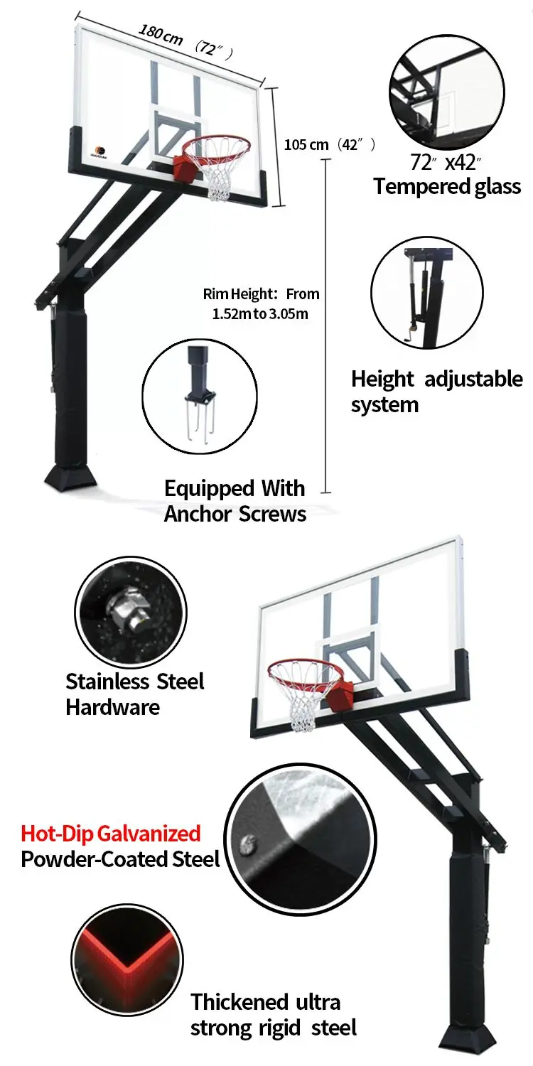 Outdoor In Ground Basketball Pole With Pole Padding Tempered Glass