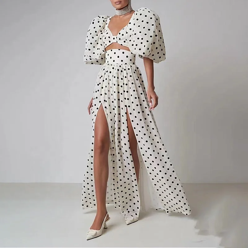 OUDINA Whosale Elegant Casual Polka Dots Square Collar Puff