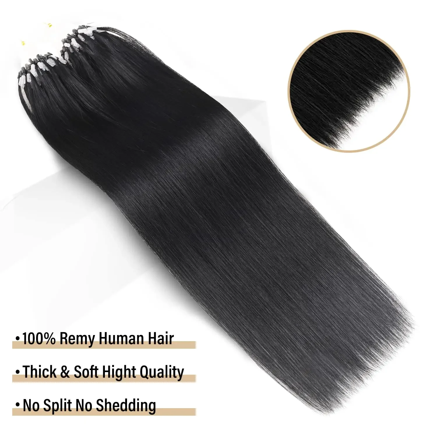 Extensii de păr Micro Ring, păr uman negru natural, cu perle Microlink, buclă dreaptă_voghion.com