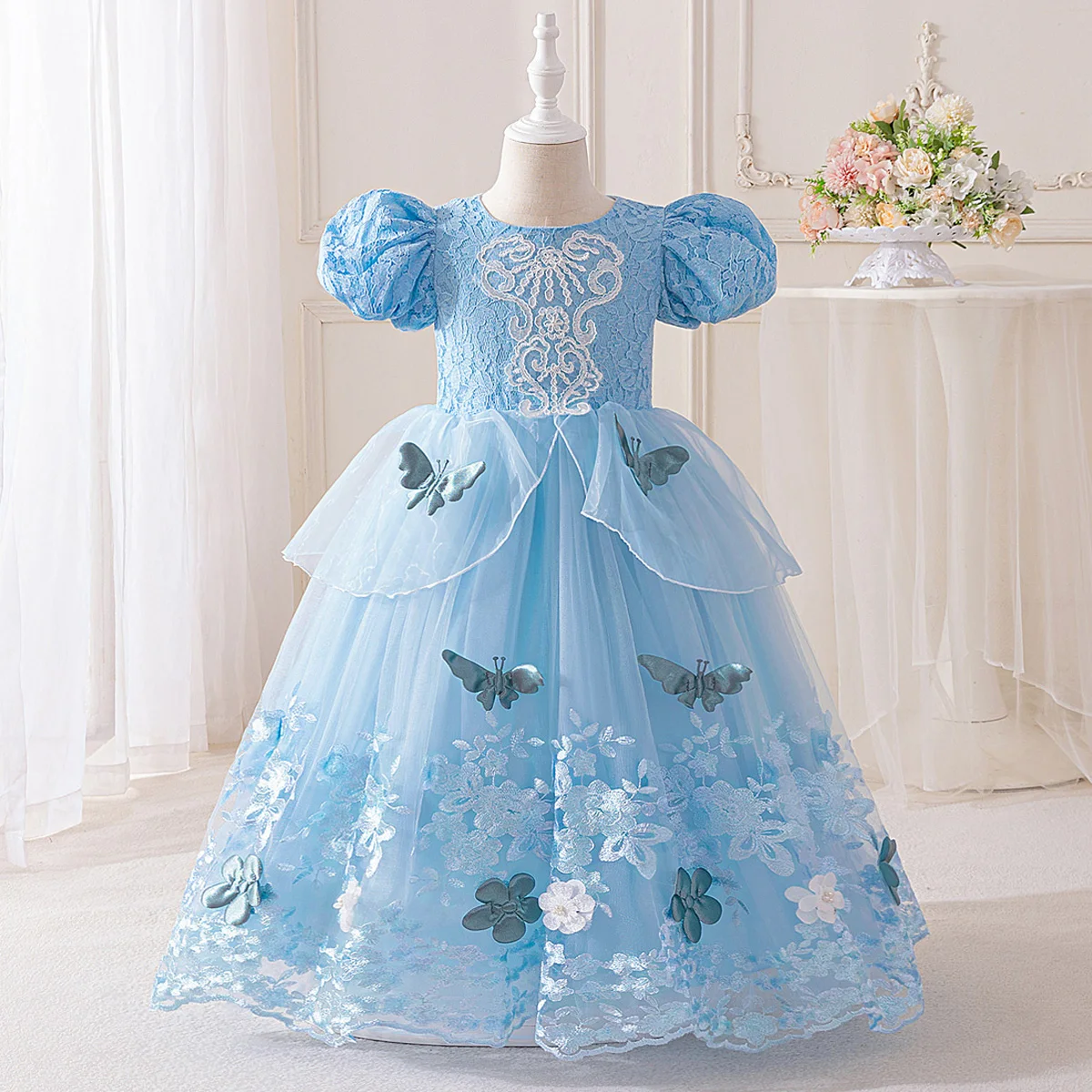 Blue Butterfly Princess Performance Dress for Girls Puffy Bubble Sleeves Halloween Makeup Ball Costume Blue Butterfly Princess Performance Dress for Girls Puffy Bubble Sleeves Halloween Makeup Ball Costume