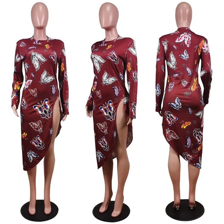 New Arrival Butterfly Printed Side Slit Irregular Casual Wear Stylish Womens Casual Sexy Dress Women 2021 Dress