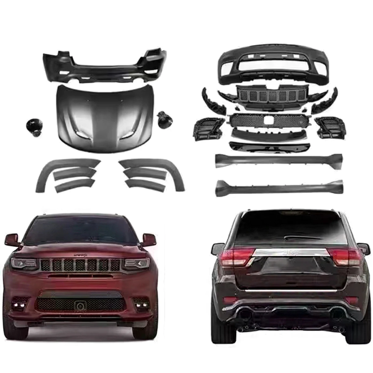Auto Body Kit for Jeep Grand Cherokee 2017-2021 Facelift to SRT Model with Front Bumper Grille Rear Diffuser Hood.