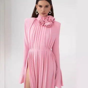 Thirteen lines 2024 spring new pleated crepe three-dimensional rose split sexy long sleeve dress factory generation