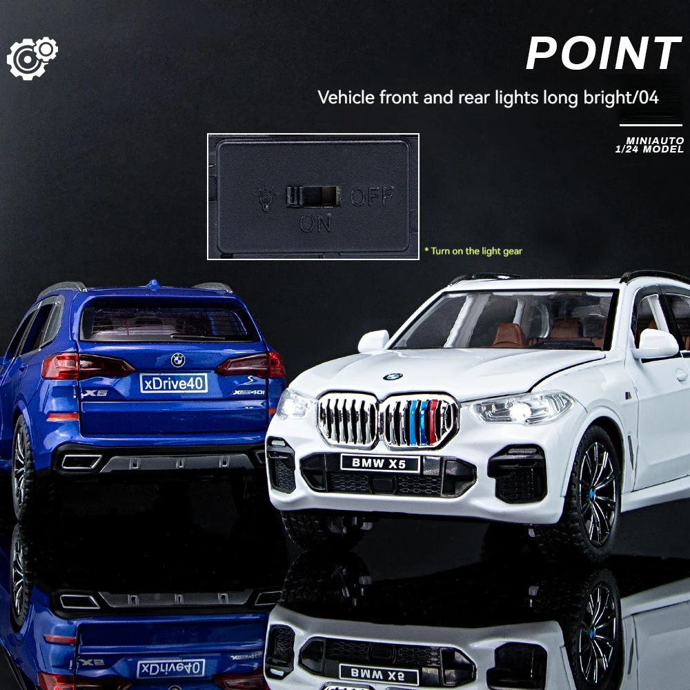 Diecast Model Cars 1:24 BWM X5 with Sound and Light Pullback Doors Open Decorate Ornament Metal Model Car Toys