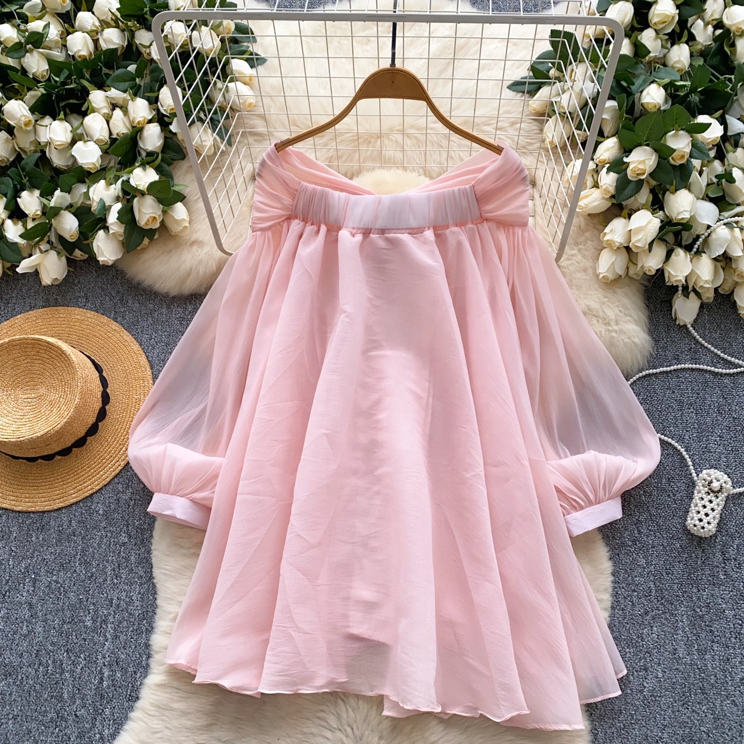 Mulheres soltas arco francês Design lanterna manga malha camisa MIni  vestidos, image size:1500x1500