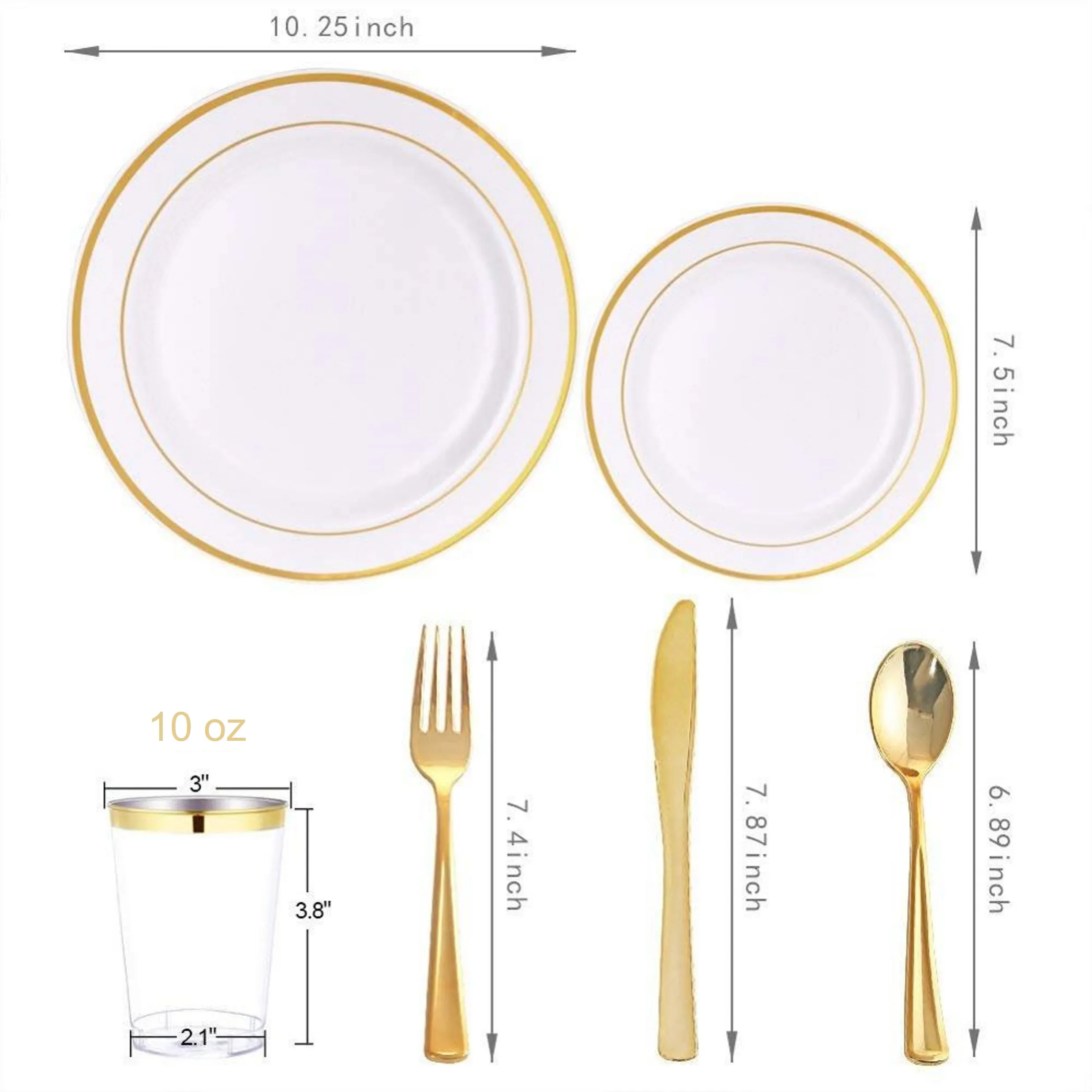 600 Pieces Gold Rimmed Disposable Plastic Dinnerware Sets - Fork Spoon ...