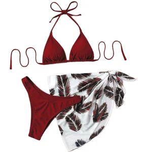 Custom New Sexy 3 Piece Bikini Set Beachwear Halter Triangle Swimsuit Women Swimwear With Mesh Sarong Cover Up