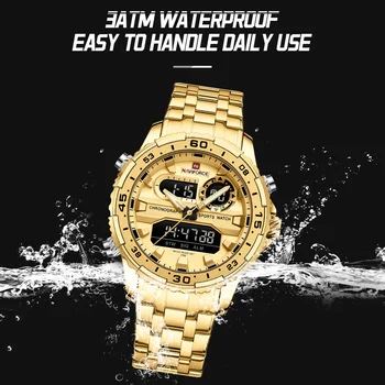 NAVIFORCE 9234 GGG Quartz Watch for Men, Large Dial, Waterproof, Luminous  Hands, Stainless Steel Band, Digital Display