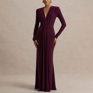 ZYHT 74122 Fashion Maxi Dresses for Women Breathable Natural Waistline Draped Pleated Long Sleeve Autumn Elegant Evening Dress