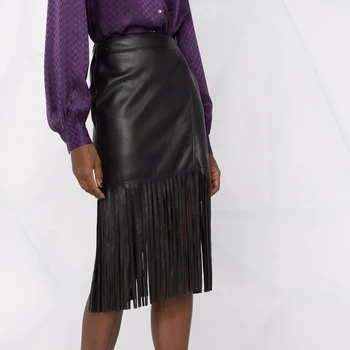 AOPU Waistband fringe with slit string at side women's faux pencil pleated 2022 eco - fringed vegan leather skirt leather skirt