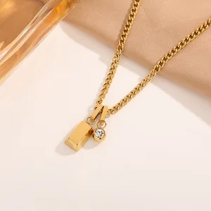 MW Wholesale 18K Gold-Plated Necklace Stainless Steel Fortune Brick Pendant with Zircon, Luxury Women's Jewelry