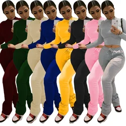 Hot Trendy Stacked Jogging Pants Plus Velvet Sweater Hoodies Fall Two Piece Sets For Women