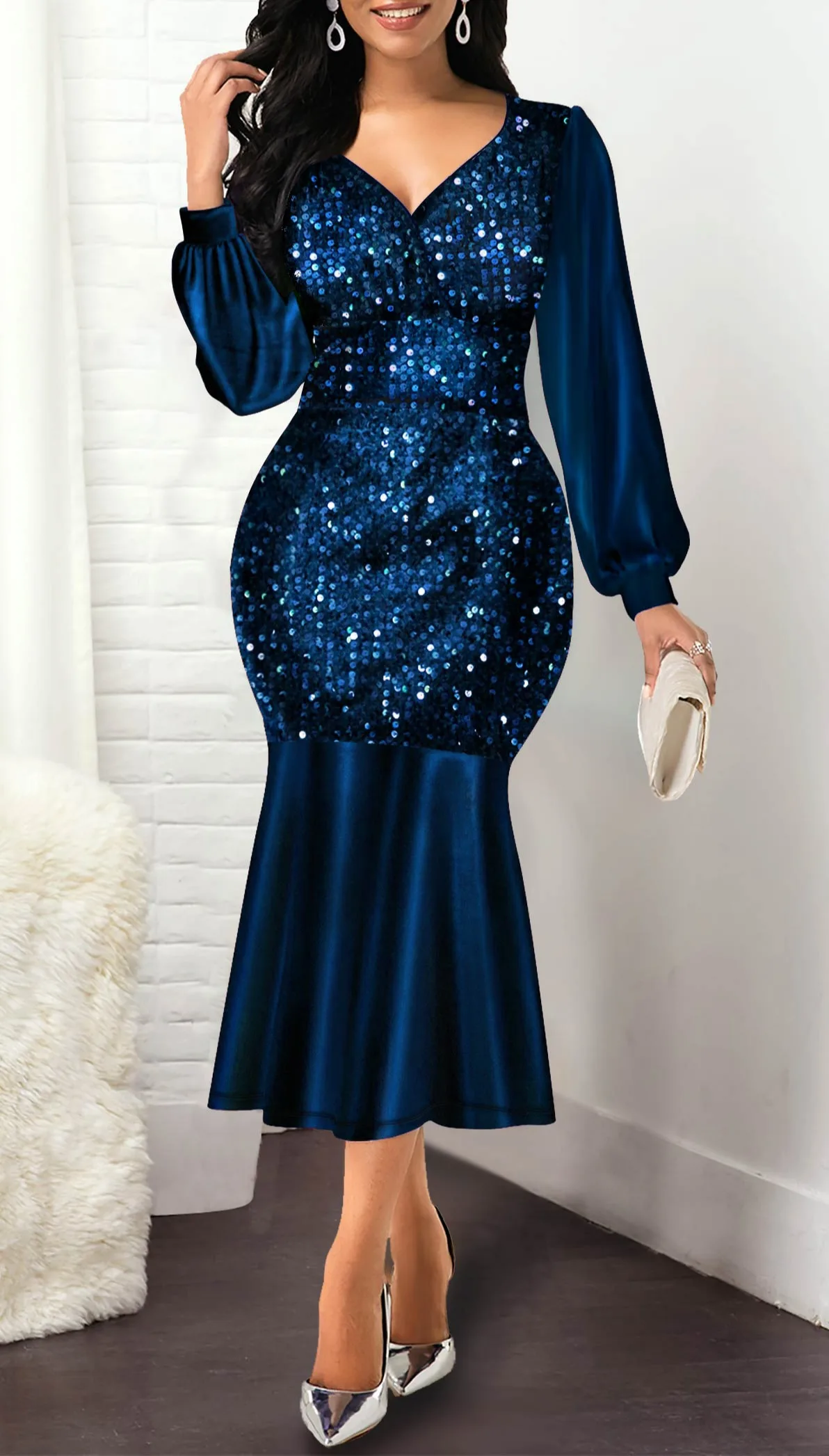 Autumn Fashion Long Sleeve V Neck Sequin Party Womens Mermaid Elegant Ladies Maxi Dress Buy 