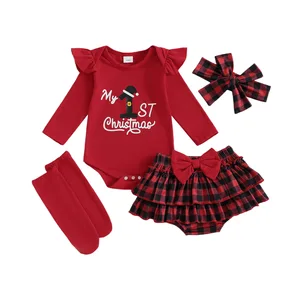 Cross-border Autumn Winter New Cotton Europe America Style Christmas Baby Dress Set Christmas Tree Long Sleeve Hats Plaid