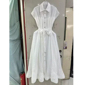 Factory Wholesale Vacation Casual Midi Dress Women Spring Summer Diamonds Puff Sleeve Single-Breasted Loose Belt Dress