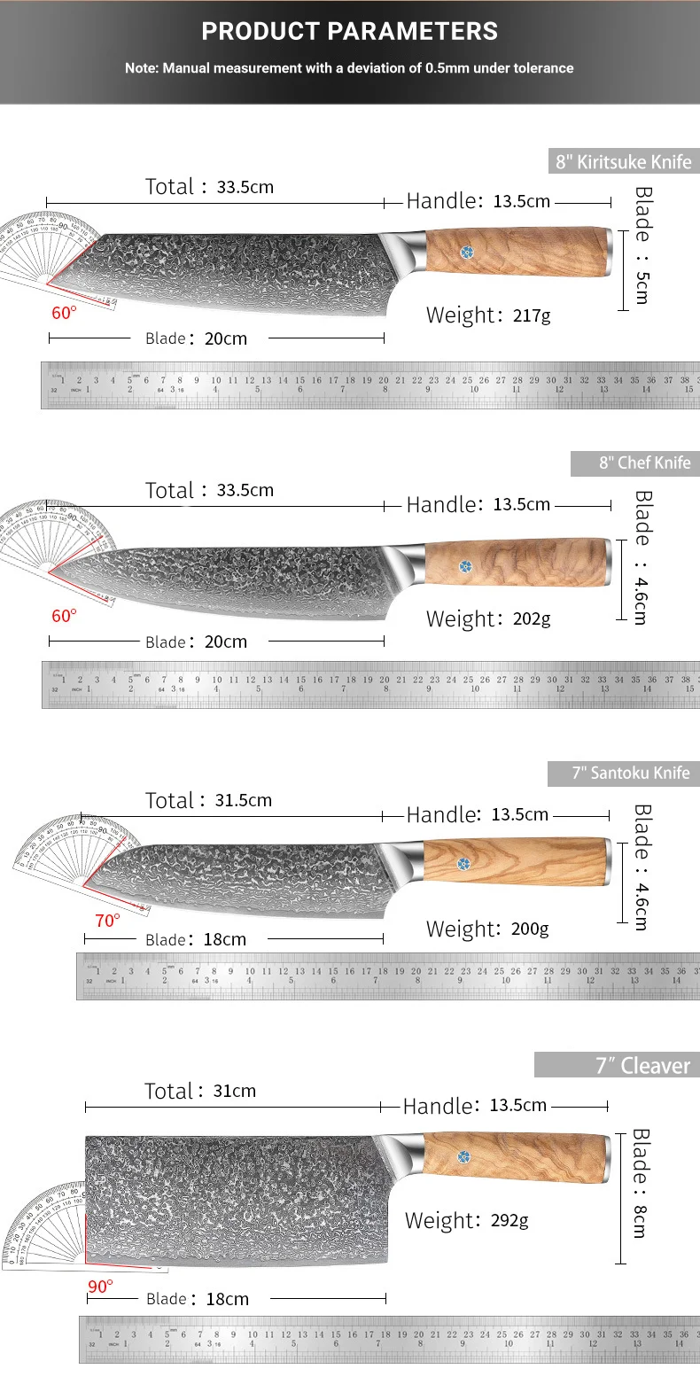 JJ 7 PCs Set 67 Layers Damascus 10Cr15Mov Core Steel Kitchen Knife Set with Olive Wood Handle Custom Stainless Steel Knife Set