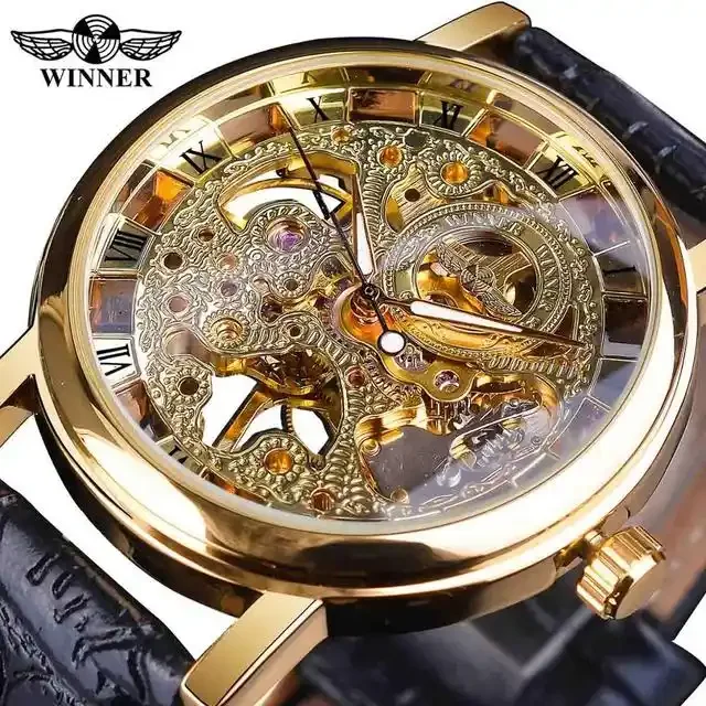 Winner Forsining 103M Men Mechanical Watches Royal Carving Skeleton Brown  Leather Transparent Skeleton Design Automatic Watch