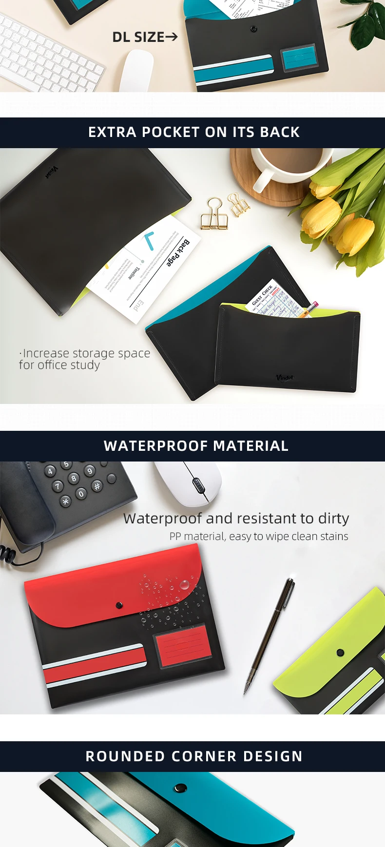 Reusable Plastic A4 DL Size Button Envelopes File Bag Document Wallet ...