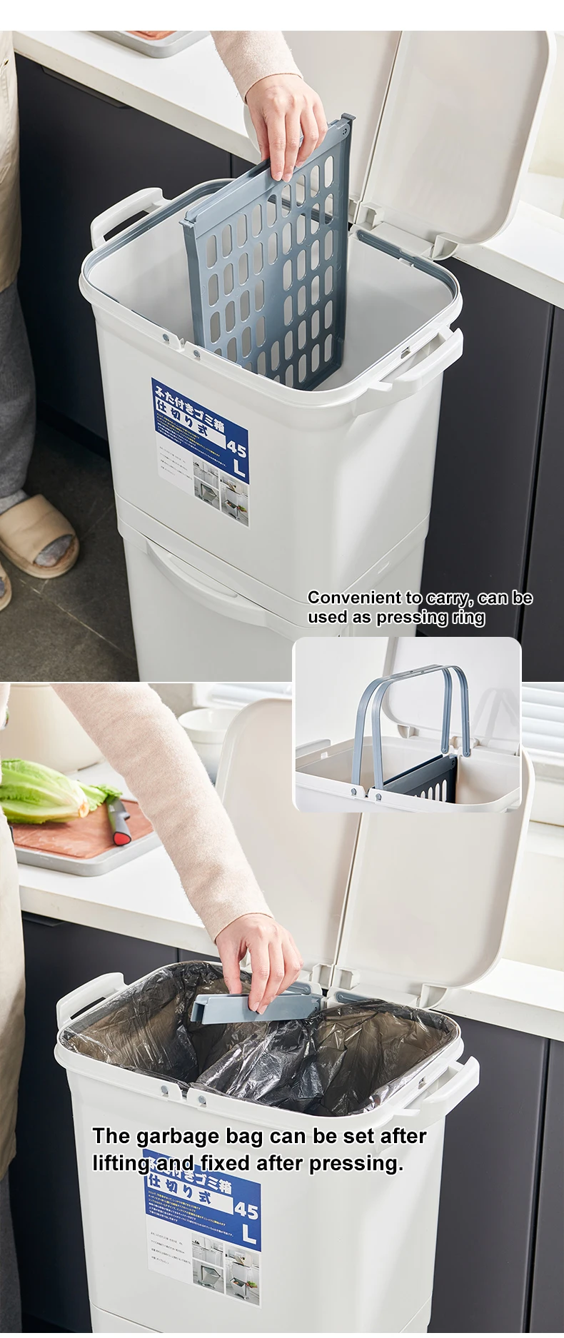 Eco-friendly Square Plastic 2-Layer Trash Can 3-Compartment Kitchen Waste Bin Dustbin Standing Pressing Type Style