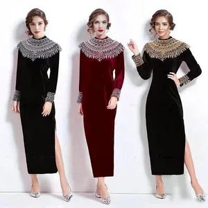 2026F/W Luxury Women's Floor-Length A-Line Dress Top Trend Fashionable Heavy Sequin Embroidery Long Sleeves Velvet Slimming Slit