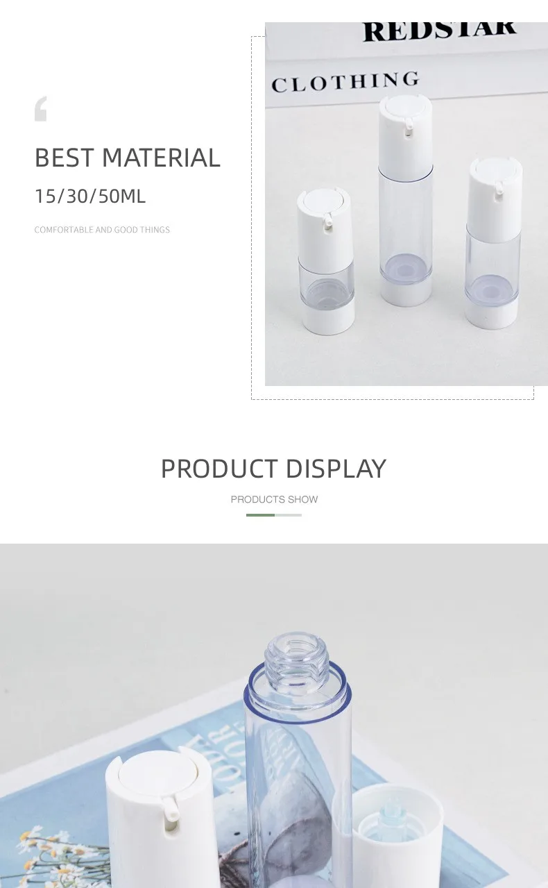 Ecofriendly Reuse 15ml 30ml 50ml Lotion Airless Pump Bottle White Gold