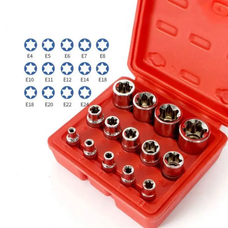 TEBAK Crv Material 14pcs/set E Torx Star Female Bit Sockets Set 1/2" 3/8" 1/4" Drive E4 - E24 Repair Tools Hand Tool Set Sleeve