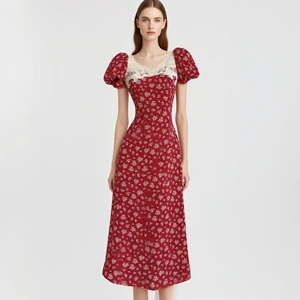 Custom Vintage Floral Red Dress with Lace Panel and Puff Sleeve Women's Elegant Midi Dress