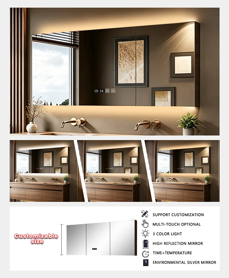 product light luxury hotel ip66 aluminum bathroom mirror cabinet three door bath mirror cabinet led mirror cabinet with time display-4